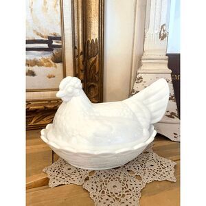 Vintage Large Mosser Glass White Milk Glass Hen on Nest Covered Dish